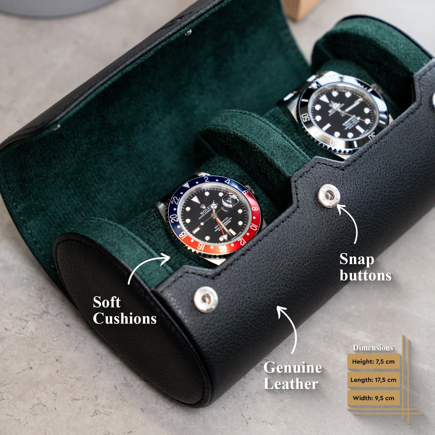 Two Slot Watch Roll - Black Green