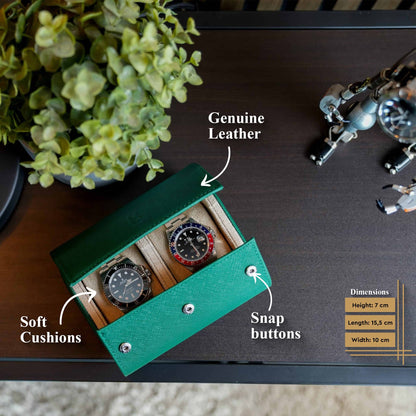 Two Slot Watch Roll - Green Saffiano