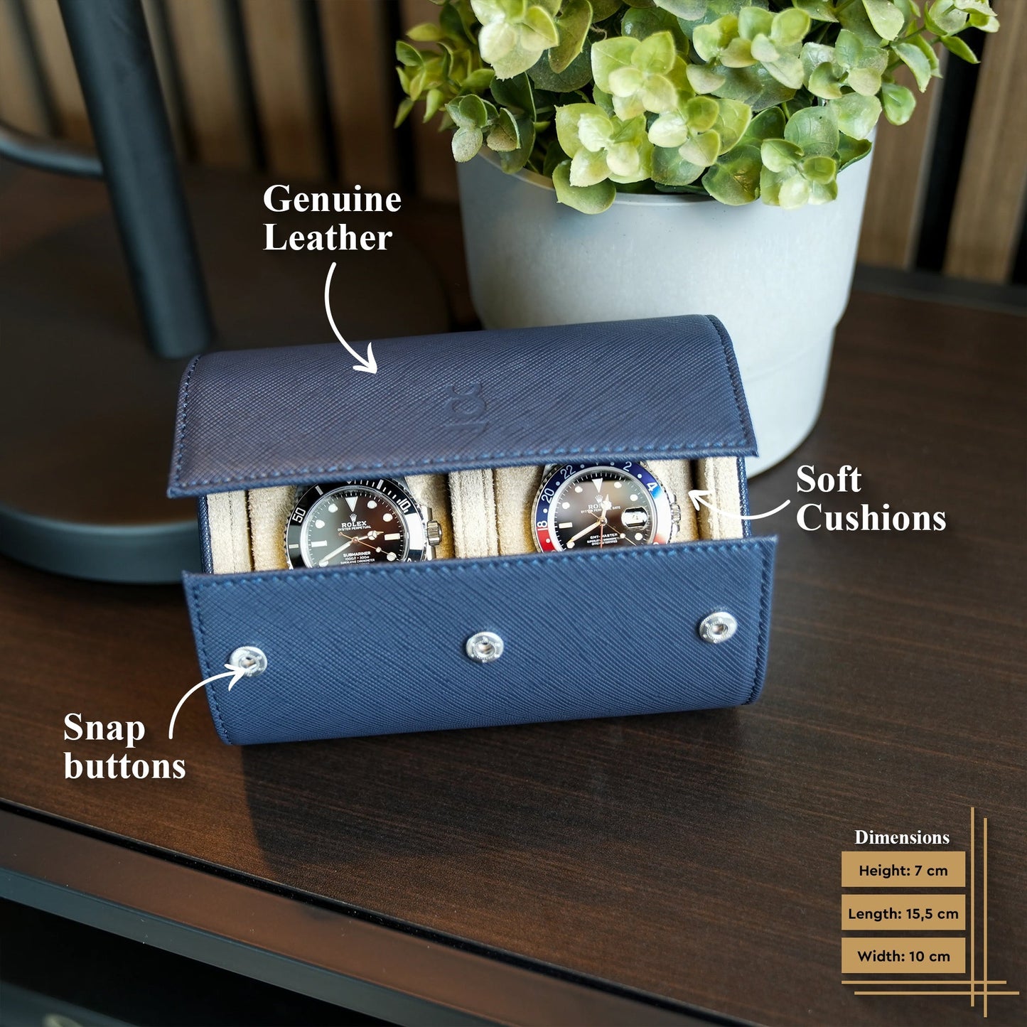 Two Slot Watch Roll - Navy Blue Saffiano