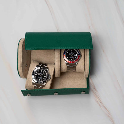 Two Slot Watch Roll - Green Saffiano