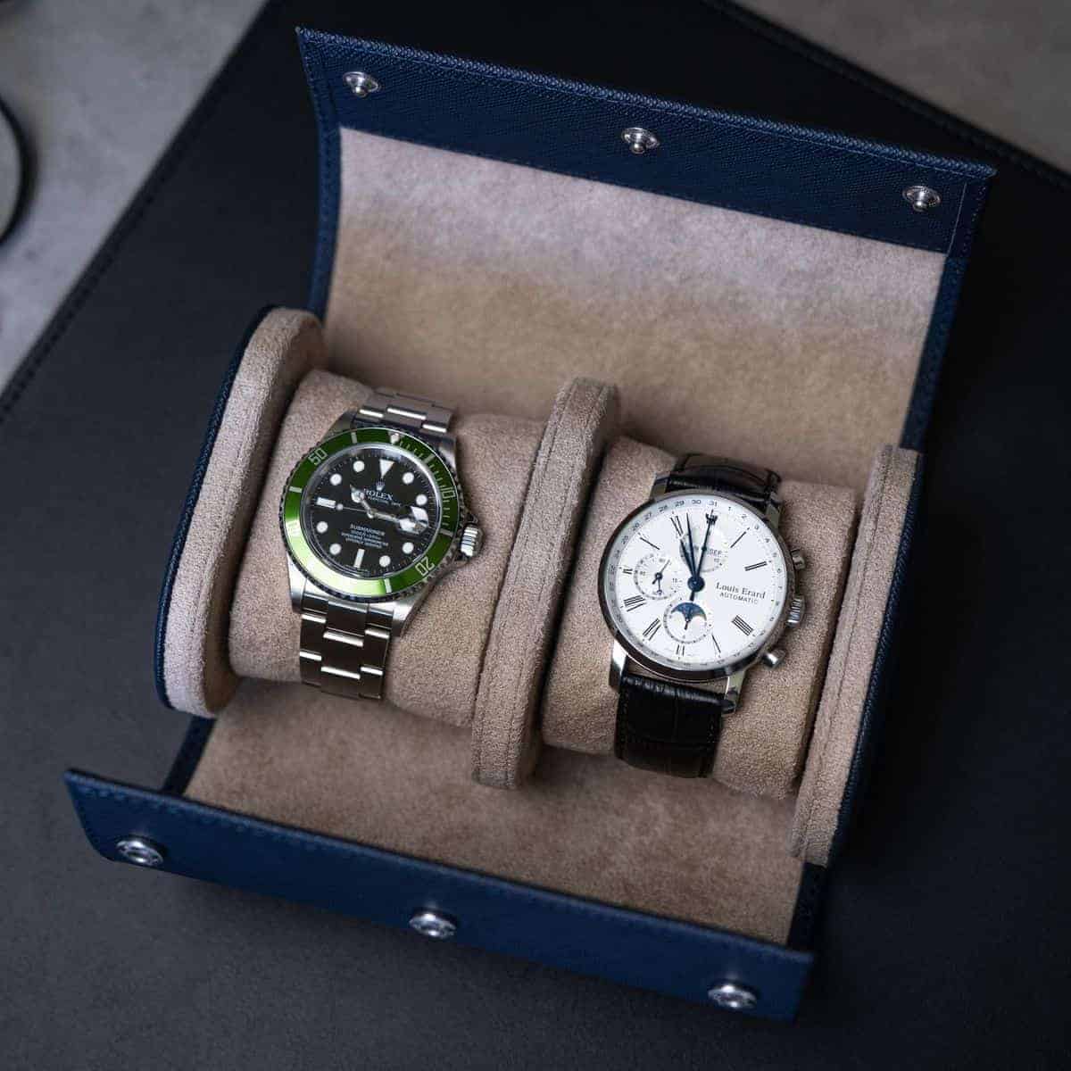 Two Slot Watch Roll - Navy Blue Saffiano