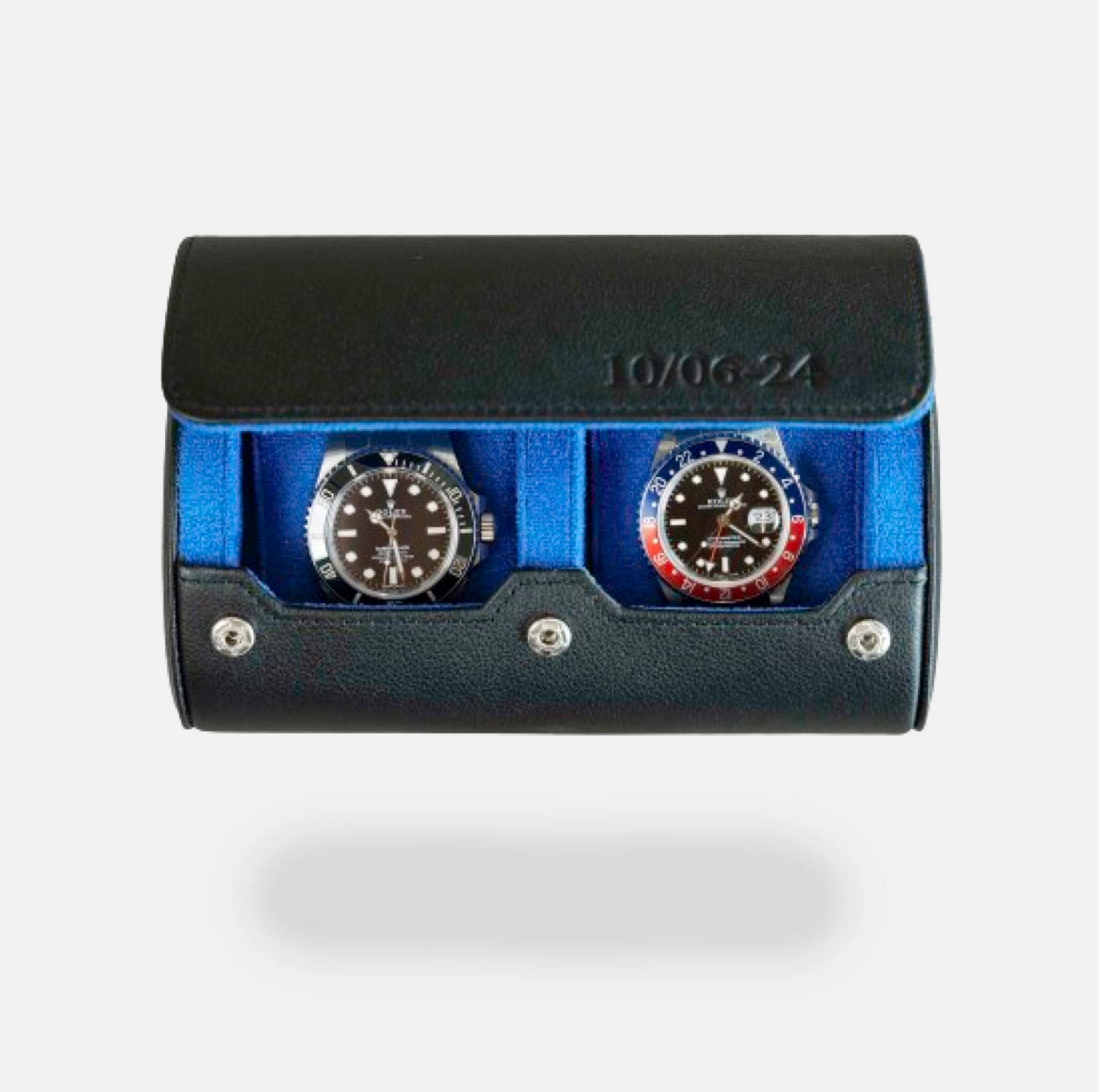 Personalized Two Slot Watch Roll - Black Blue