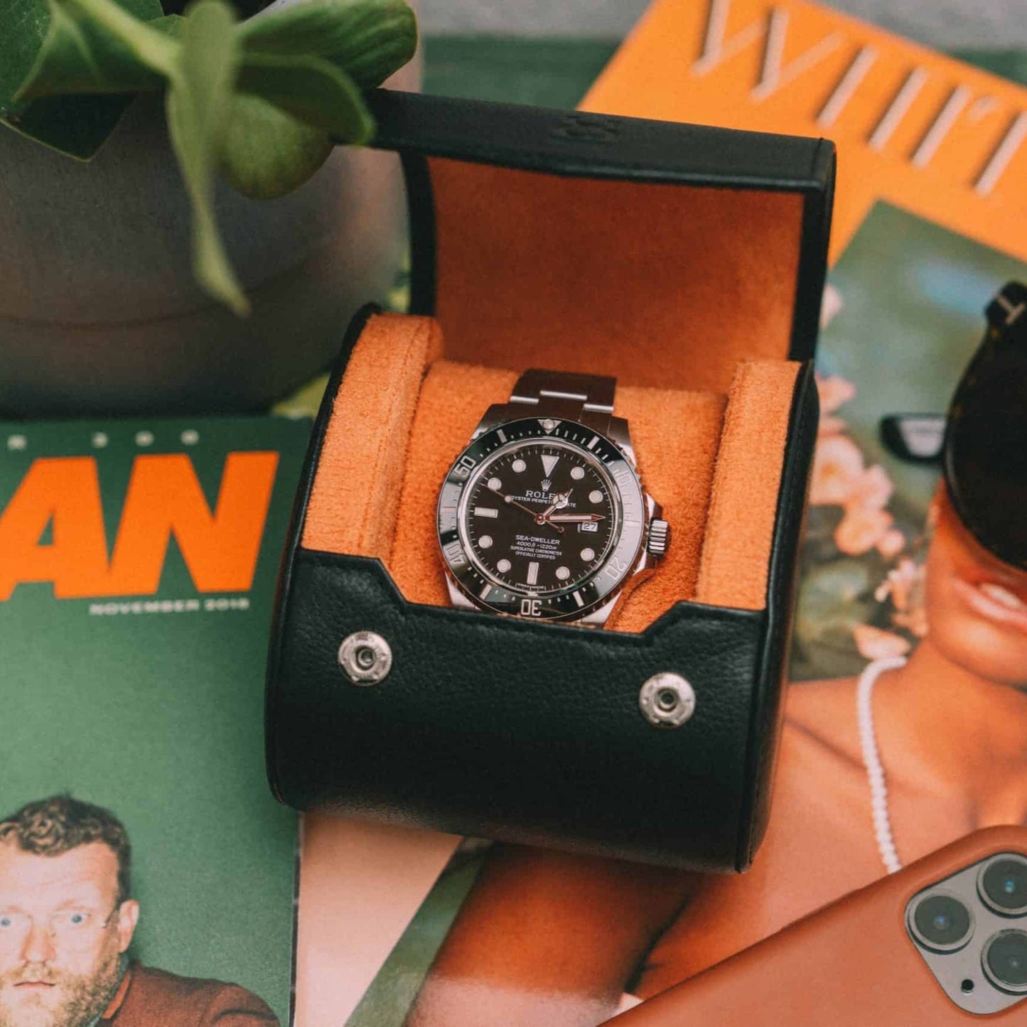 Personalized Single Watch Roll - Black Orange